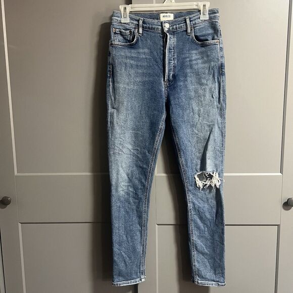 Agolde Womens Button Fly Distressed Nico Skinny Leg Denim Jeans Blue Size 27 - Picture 1 of 10